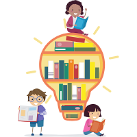 children reading books around a lightbulb filled with bookcases