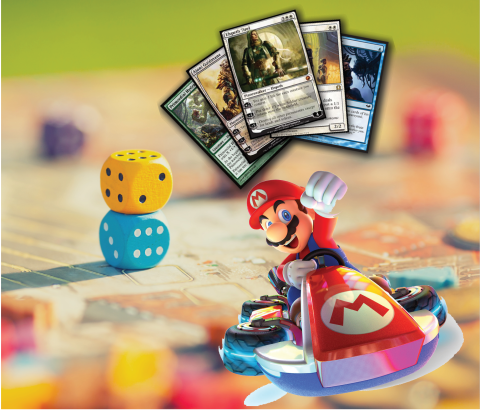 Dice, trading cards, and MarioKart icons