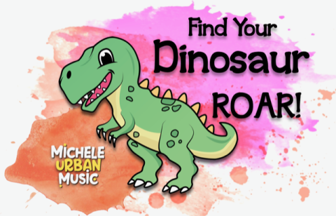 Green T Rex standing next to the text Find Your Dinosaur Roar