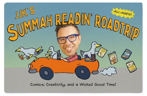 Jarrett Krosozcka driving a cartoon red car with the text "JJK's Summah Readin' Roadtrip"