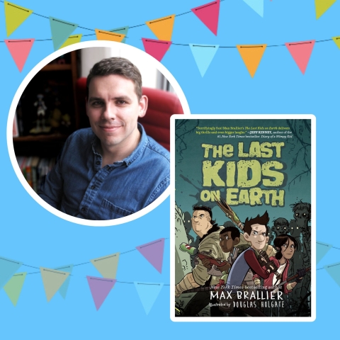 Photo of author Max Brallier alongside the cover of the book, "The Last Kids on Earth"