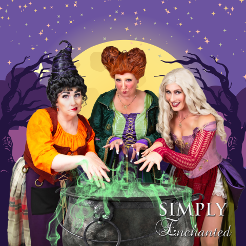 Three witches standing around a cauldron