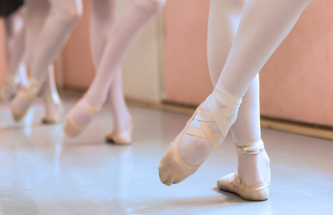 Close up of three dancers' feet. They are wearing tights and ballet shoes and are in some sort of position.