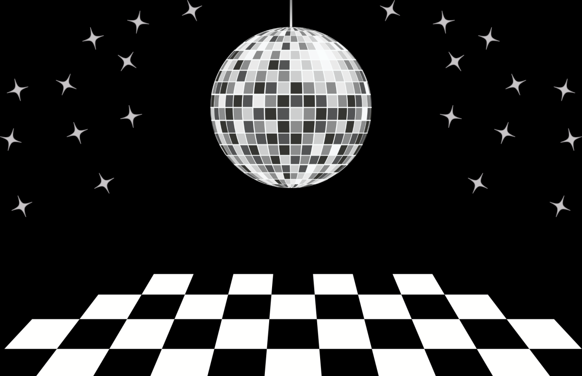 Black and white dance floor under a disco ball