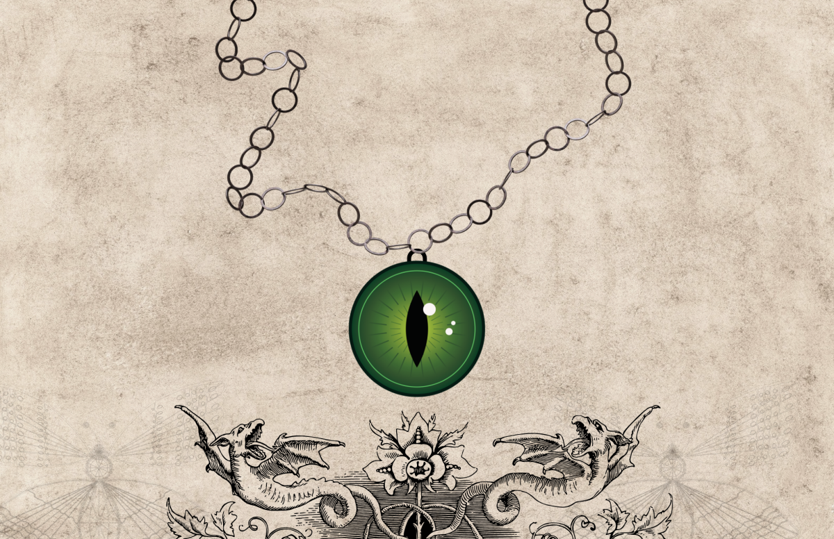 Dragon eye on a chain with a dragon motif under it