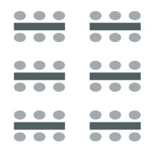 Two columns of tables with three chairs on either side. 